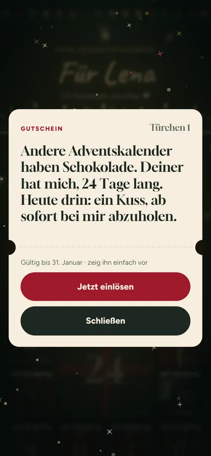 Ein geöffnetes Türchen: ein Gutschein für einen Kuss, mit Knopf zum Einlösen